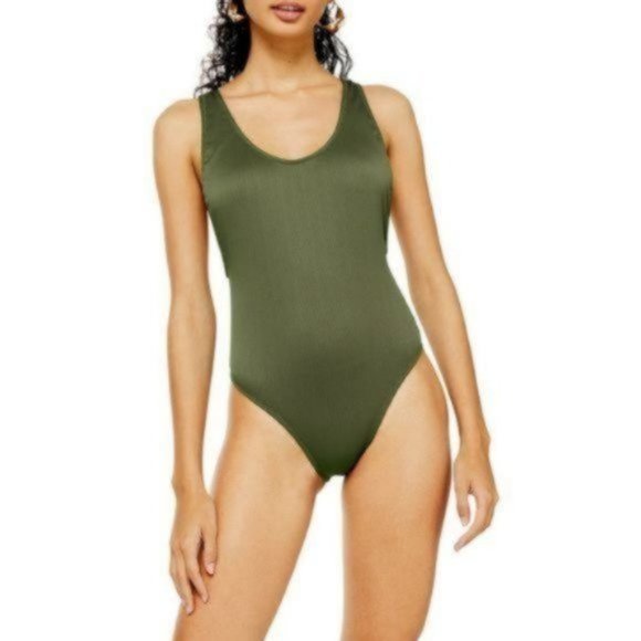 TOPSHOP Ribbed Scoop Neck One Piece Swimsuit Olive NWT - Picture 2 of 2